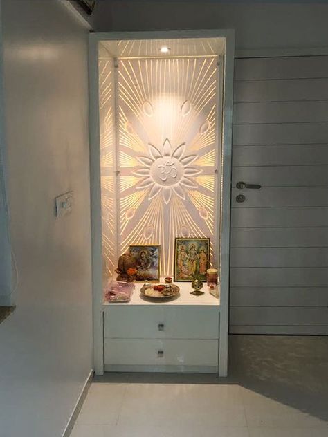 Pooja Room - White Coloured Wooden Finish Unit for Pooja Room highlighted by Spot Light Pooja Room Ideas Indian Small, Simple Pooja Room, Small Pooja Room Ideas, Pooja Room Ideas Indian, Mandir Designs, Pooja Door Design, Mirror Decor Living Room, India Home Decor, Temple Design For Home