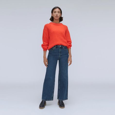 Fit Details
High-rise with a wide leg. Slim fit through hips and thigh. Sits just above belly button.
A little stretch
If 5'6" or shorter, we recommend taking a 27.5" inseam for a floor-length slouchy look.
If 5'7" or taller, we recommend taking a 29.5" inseam for a floor-length slouchy look. Sailor Jeans, Sailor Jean, Wide Leg Jeans Cropped, Cropped Denim Pants, Everlane Jeans, Olive Green Pants, Flare Denim Jeans, Wide Leg Cropped Pants, Hey There