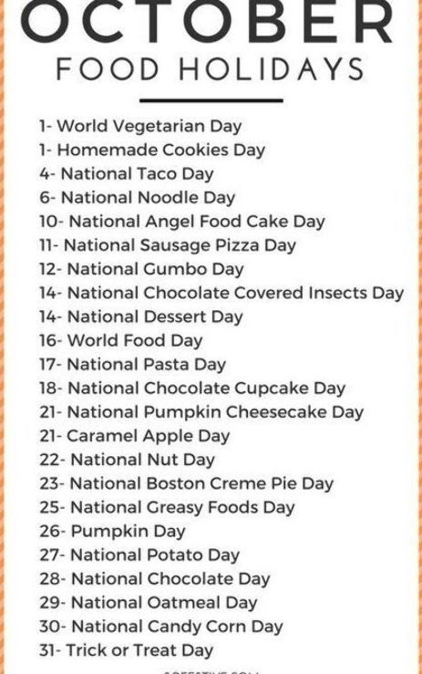 Monthly- Food -Holiday- Calendar -Printables-Family-Fun- OCTOBER- From So Festive! National Celebration Days, National Holiday Calendar, October Food, Silly Holidays, Monthly Celebration, Food Holidays, October Holidays, National Day Calendar, Wacky Holidays