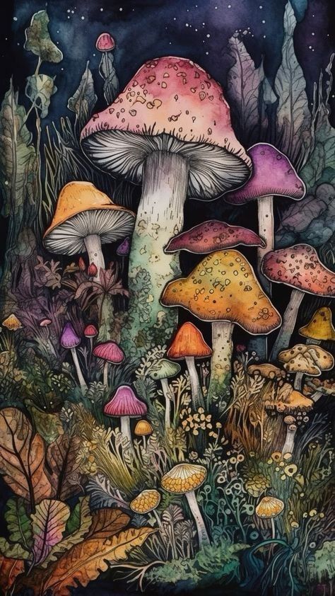 Whimsical Lockscreen, Mushroom Art Drawing, Mushroom Wallpaper Iphone, Whimsical Wallpaper Iphone, Mushroom Wallpapers, Cottagecore Background, Cottagecore Artwork, Mushrooms Painting, Wallpaper Mushroom