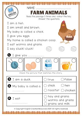 Farm Animals Worksheet, English Created Resources, Elementary Special Education Activities, Early Intervention Speech Therapy, Reading Comprehension For Kids, Reading Comprehension Kindergarten, Special Education Elementary, Learning English For Kids, 2nd Grade Worksheets