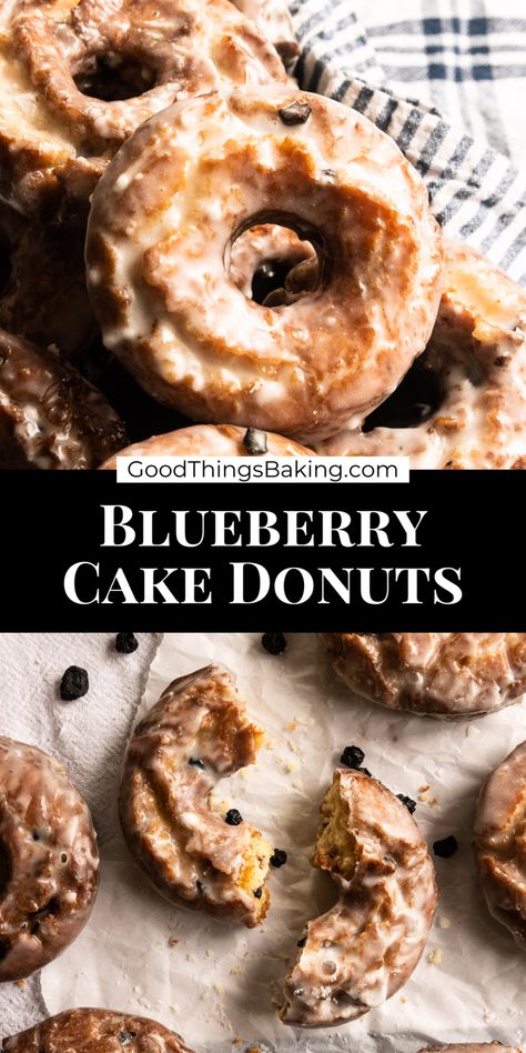 These blueberry cake donuts will rival any that you find at your favorite donut shop. They're deep fried with a crackly layer of glaze and a tender, lightly sweet center. Sourdough Chocolate Cake Recipe, Sourdough Chocolate Cake, Blueberry Doughnuts, Brownie Bowls, Blueberry Cake Donuts, Blueberry Donuts, Fried Dessert, Vanilla Mousse, Homemade Donuts Recipe