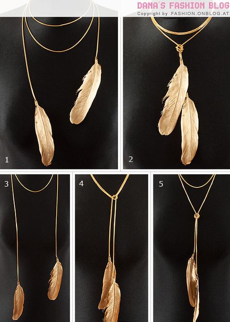 threadpaperscissors: “ Gold Father Necklace Tutorial This is trendy, easy to make, and there are 5 different ways to wear it. I found it on Dana’s blog and just an fyi, the tutorial is in German.... Bear Sofa, Feathers Jewelry, Gold Feather Necklace, Diy Collier, Diy Jewlery, Estilo Hippie, Feather Necklace, Wrapped Necklace, Gold Feathers