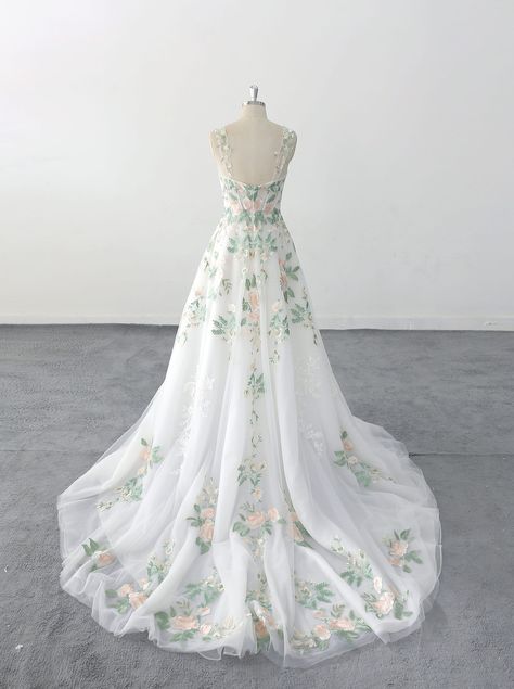 Forest Fairy Green Wedding Dress, Wide Strap Green Lace Wedding Dress Spring New Wedding Dress - Etsy White Floor-length Wedding Dress With Sweep Train, White Gown For Debutante Ball In Spring, White Bridesmaid Ball Gown For Spring, Spring White Bridesmaid Ball Gown, White Spring Ball Gown For Prom, White Spring Prom Ball Gown, Spring Wedding Green Ball Gown, Spring Wedding Floor-length Ball Gown, Spring Floor-length Wedding Dress