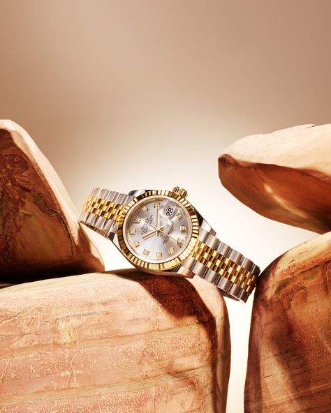 Strength and beauty. The Lady-Datejust in yellow gold and Oystersteel with a silver dial featuring diamond-set hour markers, and fitted with the Jubilee bracelet. Gold And Silver Watch, Rolex Watches Women, Classic Feminine, Expensive Watches, Rolex Models, Watches Unique, Shooting Photo, Women's Watch, Bezel Diamond