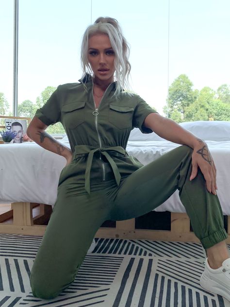 Olive Green Jumpsuit, Tie Waist Shirt, Comfy Jumpsuits, Solid Jumpsuit, Belt Jumpsuit, Backless Jumpsuit, Jumpsuit Outfit, Green Jumpsuit, Roll Up Sleeves