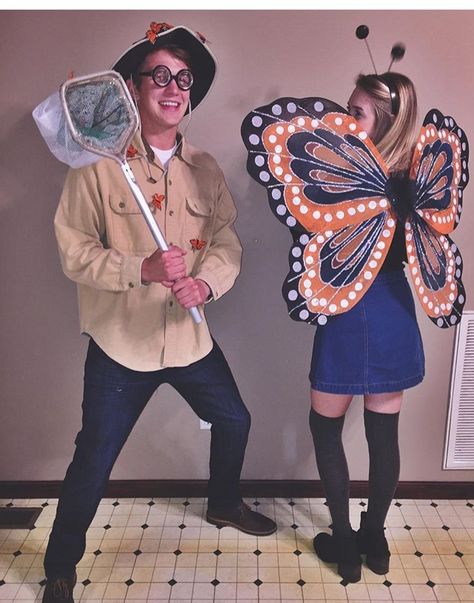 Mash Costume Ideas, Butterfly Catcher And Butterfly Costume, Butterfly Catcher, Moth Couple Costume, Couples Butterfly Costume, Bug And Bug Catcher Costume, Extravagant Costumes, Butterfly And Bug Catcher Costume, Butterfly And Catcher Halloween Costume