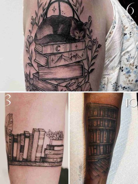 37 Library Tattoo Ideas for Librarians & Bibliophiles - TattooGlee Library Sleeve Tattoo, Flying Book Tattoo, Cat On Stack Of Books Tattoo, Writer Tattoos For Women, Literature Inspired Tattoos, Librarian Tattoo Ideas, Book Nerd Tattoo Ideas, Bookshelf Tattoo Ideas, Library Tattoo Ideas