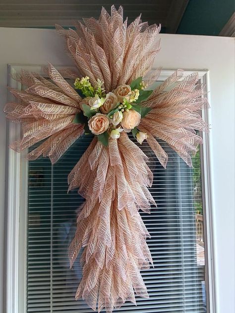 Selling Homemade Wreaths | Made this cross wreath out of the Rose Gold mesh | Facebook Burlap Cross Wreath Diy, Mesh Cross Wreath, Burlap Cross Wreath, Cross Wreaths, Cross Wreath Diy, Ribbon Cross, Burlap Cross, Mesh Cross, Homemade Wreaths