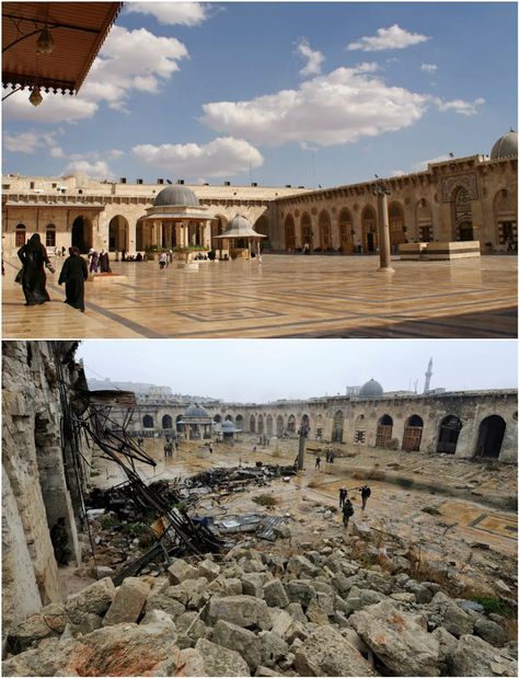 Aleppo Before And After Syria's Civil War Told In Haunting Images | HuffPost UK News Syria Before And After, Umayyad Mosque, Haunted Images, Medieval Fortress, Internal Courtyard, Grand Mosque, 11th Century, Uk News, Old City