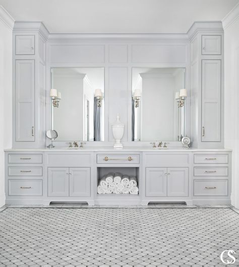 double vanity bathroom idea Master Bath Vanity With Middle Tower, Master Bathrooms With Separate Vanities, 96” Bathroom Vanity, Double Vanity Bathroom With Makeup Area, Double Vanity With Side Towers, Large Double Vanity Bathroom, Double Bathroom Vanity Ideas Master Bath, Master Bath Double Vanity Ideas, Double Sink With Vanity In Middle