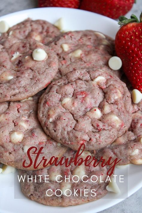 Strawberry white chip cookies are a delicious strawberry cookie that uses white chocolate chips and real strawberries. This cookie is a great Valentines day cookie or the perfect spring time taste of strawberries and cream. Gourmet Strawberry Cookies, Strawberry Cookies With Fresh Strawberries, Strawberry Oreo Cookies, Strawberry White Chocolate Chip Cookies Recipe, Strawberry Cookies Fresh Strawberries, Dried Strawberry Cookies, Strawberry And White Chocolate Cookies, White Chocolate Strawberry Cookies, Strawberry And Cream Cookies