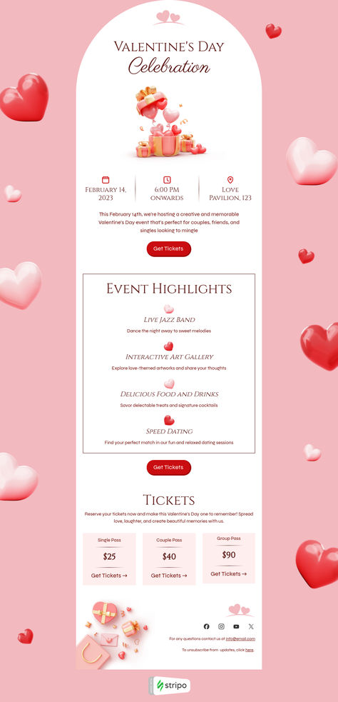 Valentine’s Day email template "Love pavilion" for hobbies industry. Create professional, responsive emails fast with no coding skills. Follow us on Pinterest for more inspiration and tips. 🤗 #valentinesday #stripoemail #emailtips #emailnewsletter #emailtemplate #emaildesign #emailmarketing #emaildesignlayout Valentines Day Marketing Ideas, Template Love, Coding Skills, Holiday Emails, Email Template Design, Responsive Email, Email Newsletter Design, Holiday Campaign, Email Marketing Design