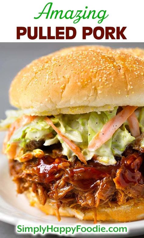 This Amazing Pulled Pork is delicious and will feed the whole family. This Pulled pork recipe is easy to make on a busy day, It cooks all day! simplyhappyfoodie.com #pulledpork #bbqpulledpork #barbecuepulledpork Pulled Sandwiches, Chipotle Bbq Sauce, Barbecue Pulled Pork, Pulled Pork Recipe, Pork Sandwiches, Carne Guisada, Pulled Pork Recipes, Pork Sandwich, Pulled Pork Sandwich