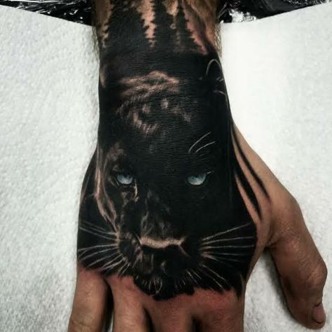 Panther Hand Tattoo Men, Black Panther Hand Tattoo, Cover Up Tattoos For Men Hand, Black Panther Eyes Tattoo, Panther Neck Tattoo, Panther Hand Tattoo, Animal Hand Tattoo, Black Jaguar Tattoo, Hand Tattoo Cover Up Ideas