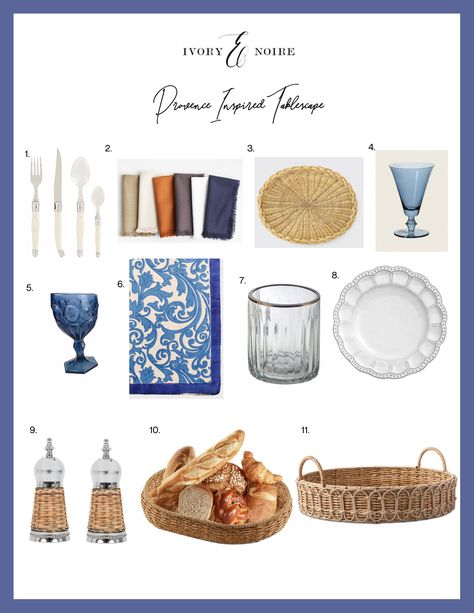 Provence Inspired Tablescape - French Themed Table Setting Ideas French Inspired Tablescape, Provence Table Setting, Spanish Table Setting, French Tablescapes, Mediterranean Table Setting, French Tablescape, French Table Setting, Mediterranean Table, Pretty Tablescapes