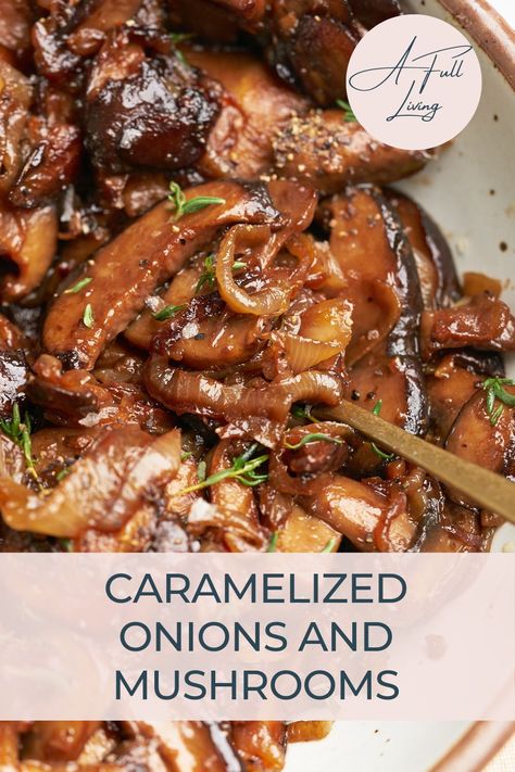 These delicious caramelized onions and mushrooms are the ideal side dish to a variety of main courses, like steak, chicken, and pork! Made with standard ingredients you probably already have on hand. Carmelized Onions And Mushrooms, Steak Toppings, Caramelized Mushrooms, Smoked Sausages, Caramelized Onions And Mushrooms, Mushroom Side Dishes, Mushroom Recipes Healthy, Steak And Onions, Mushrooms And Onions