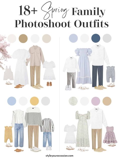 Looking for family photo outfits for a spring photoshoot? These 18+ spring family photos will inspire your attire so you look and feel amazing! Choose from neutral outfit to pastel color combinations, gingham, stripes, denim, and more. There’s casual outfits (jeans), or more dressy (floral dresses). From the city to the beach you’re covered! #2022 #familyphotooutfits Spring Family Photoshoot Outfits, Spring Family Photo Outfits, Shooting Photo Famille, Picture Color Schemes, Spring Family Photoshoot, Spring Photoshoot Outfits, Spring Family Pictures, Family Portrait Outfits, Summer Family Pictures