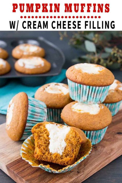 Cheesecake meets pumpkin spice in one scrumptious pumpkin muffin! The muffin itself is soft, tender, and moist. The cream cheese filling is decadent and creamy Muffins With Cream Cheese Filling, Pumpkin Muffins With Cream Cheese, Pumpkin Bread Starbucks Copycat, Muffins With Cream Cheese, Puree Recipes, Recipes Pumpkin, Pumpkin Cream Cheese Muffins, Frozen Pumpkin, Pumpkin Cream Cheese