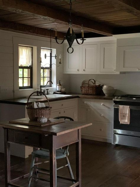 White Colonial Kitchen, Austere Interior, Phoebe Troyer, Colonial Revival Kitchen, Primitive Colonial Kitchen, Primitive Kitchen Cabinets, Shaker Interior, Primitive Country Kitchen, Colonial Kitchens