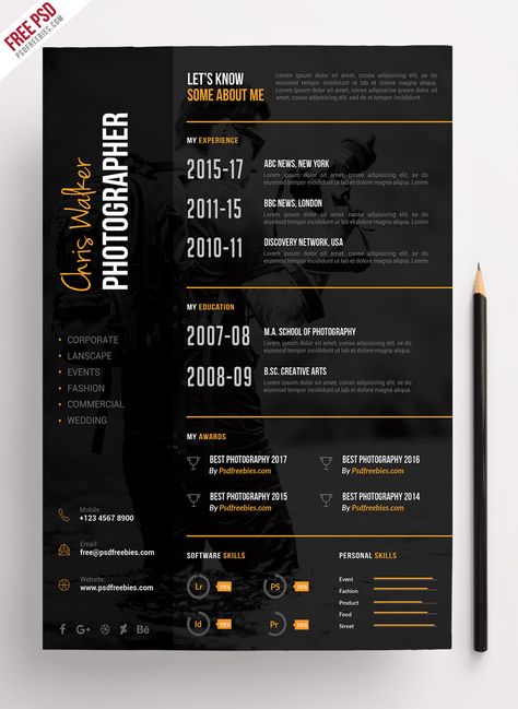 Download Photographer Resume CV PSD Template. This Photographer Resume CV PSD Template is a modern, clean and professional resume cv template best suited for photographers, photo editors and retouchers. Photography Resume, Photographer Resume, Cv Original, Cv Inspiration, Product Sketch, Logos Retro, Pc Photo, Resume Template Examples, Vintage Logos