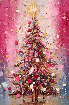 Whimsical Christmas Trees, Christmas Canvas Art, Christmas Craft Ideas, Christmas Paintings On Canvas, Christmas Card Art, Christmas Tree Painting, Holiday Painting, 수채화 그림, Colorful Christmas