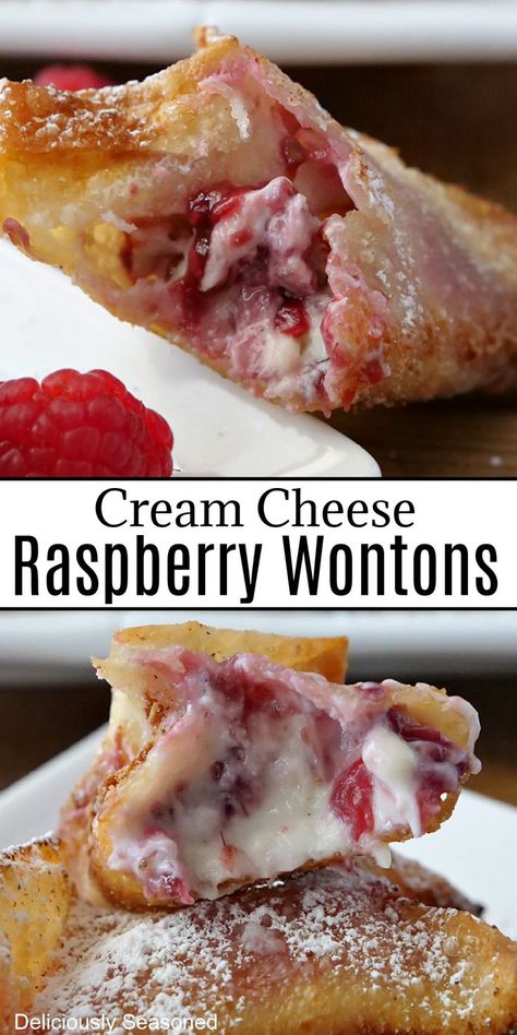 Raspberry Cream Cheese Wontons make for a great appetizer or a simple dessert. Pineapple Cream Cheese Wontons, Strawberry Cheesecake Wontons, Won Ton Dessert Recipes, Wonton Dessert Recipes, Wonton Wrapper Dessert, Dessert Wontons, Wonton Filling Recipes, Strawberry Cream Cheese Dessert, Cream Cheese Raspberry