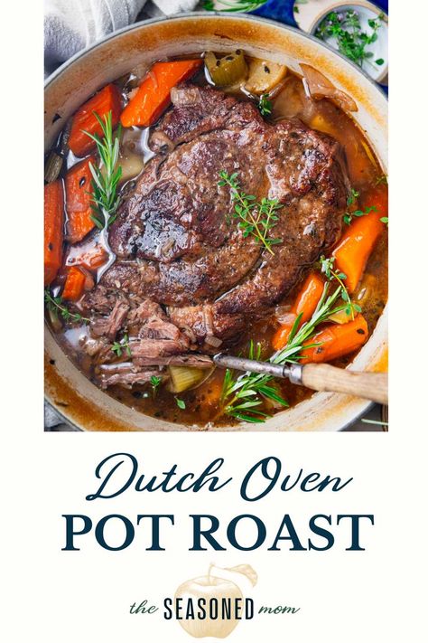 Tender and juicy, this Dutch oven pot roast transforms an affordable cut of meat into a delicious comfort food dinner. The beef slowly bakes with potatoes and carrots for an easy one pot meal. Your whole family will love this classic Sunday supper! Roast In Dutch Oven, Dutch Oven Pot Roast, Dutch Oven Beef, Oven Pot Roast, Easy Pot Roast, Chuck Roast Recipes, Best Pot Roast, Pot Roast Recipe, Potatoes And Carrots