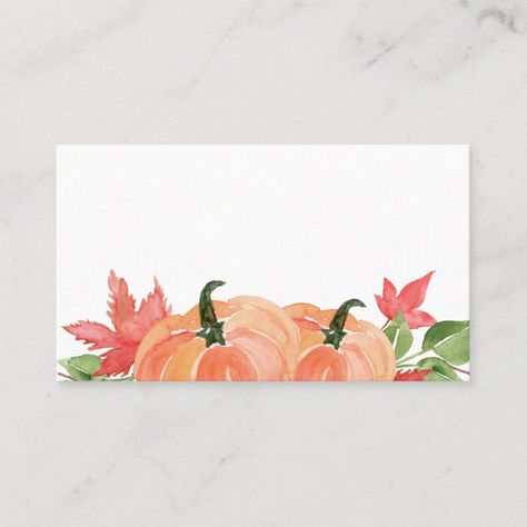 Watercolor Pumpkins Autumn Place Card. Add a personalized touch to your tablescape with this autumn place cards. It features watercolor illustrations of pumpkins, maples leaves, foliage and berries swags. The perfect place card for autumn or fall events. Matching items are available. Watercolor Pumpkins Autumn, Pumpkin Watercolor, Thanksgiving Place Cards, Watercolor Paintings For Beginners, Thanksgiving Theme, Autumn Thanksgiving, Watercolor Pumpkins, Fall Watercolor, Diy Watercolor