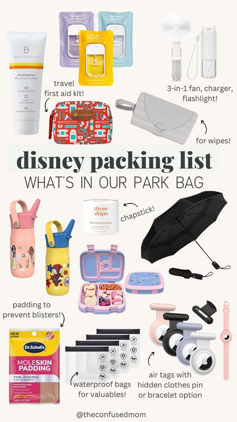 disney packing list: what to pack for disney world! packing for disney world, disney world packing list, disney trip, disney must haves packing lists, what to wear to disney world, disney world aesthetic, disney tips, disney hacks, disneyworld, disney must haves, disney vacation, disney park bag essentials, disney backpack essentials, disney bag essentials, disney travel, everything motherhood, motherhood and parenting Summer Disney Essentials, What’s In My Disney Park Bag, Disneyland Backpack Essentials, Disney Essentials For Kids, Disneyland Bag Essentials, Disneyland Necessities, Disney Packing List For Women, What To Pack For Disney World, Disney Bag Essentials