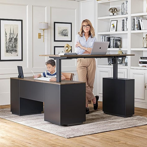 FEZIBO 63" L Shaped Executive Standing Desk with File Cabinet, Electric Height Adjustable, Black Walnut #sponsored Desk With File Cabinet, 3 Drawer File Cabinet, L Shaped Executive Desk, Rolling File Cabinet, File Cabinet Desk, Electric Standing Desk, Cabinet Dimensions, Adjustable Standing Desk, Inbox Zero