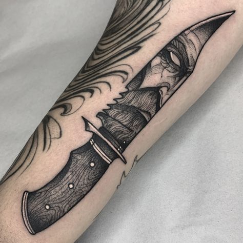 @pablotattoox Viking Knife Tattoo, Boondock Saints Tattoo, Chucky Knife, V For Vendetta Tattoo, Vendetta Tattoo, Simple Tatto, Saint Tattoo, Seax Knife, Rick And Morty Tattoo