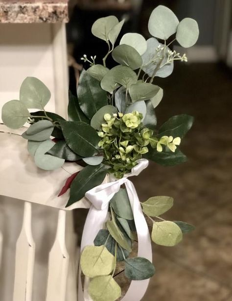 Isle Decor Wedding, Greenery Aisle Decor, Small Church Wedding Decorations, Anemone Bridal Bouquet, Isle Decor, Eucalyptus Decor, Church Pews, Leaves Decor, Italian Ruscus