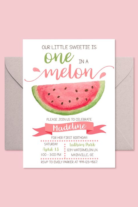 Watermelon Party Invitations, Birthday Parties For Girls, One In A Melon Party, Watermelon Invitations, One In A Melon Birthday, Watermelon Birthday Party, Girl Birthday Invitations, Pink First Birthday, Watermelon Birthday Parties