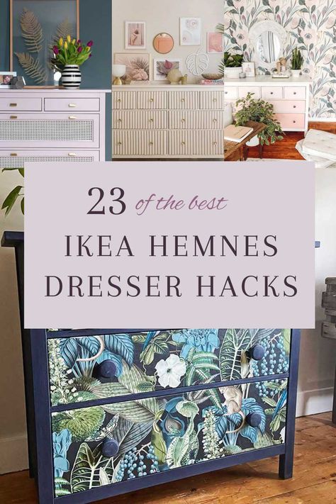 Painted Ikea Furniture Ideas, Ikea Dresser Hack Vintage, Painted Ikea Chest Of Drawers, Upgraded Ikea Dresser, Ikea Hemnes Dresser Styling, Ikea Hemnes Dresser Wallpaper, Hemnes 3 Drawer Dresser Hack, Diy Drawer Front Makeover, Hemnes Chest Of Drawers Hack