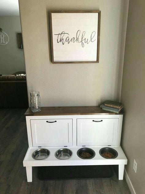 Dog Home Renovations, Coffee Bar With Dog Food Storage, Dog Food Set Up Ideas, Dog Stuff Storage Ideas, Dog Food Feeding Station, Farmhouse Dog Food Storage, Dog Food Station For Two Dogs, Dog Food Corner, Dog Food Area Ideas