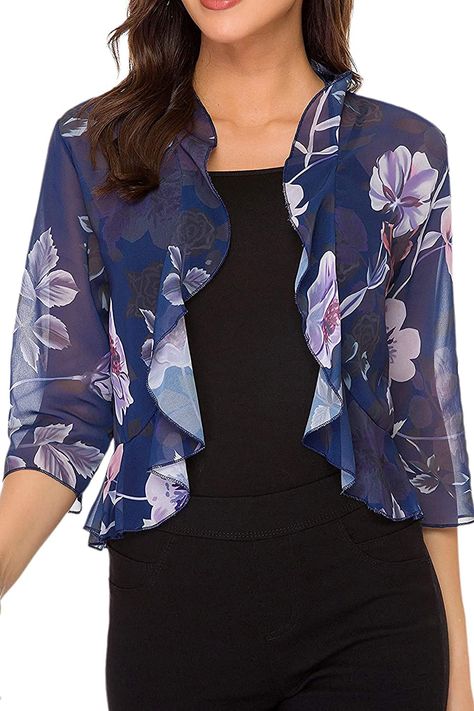 Women's Open Front Cropped Cardigan 3/4 Sleeve Casual Shrugs Jacket Draped Ruffles Lightweight Sweaters (Pattern3, Medium) Dresses Western, Shrug For Dresses, Bolero Shrug, Shrug Cardigan, Solid Color Dress, Lightweight Cardigan, Cropped Cardigan, Open Front Cardigan, Dress And Heels