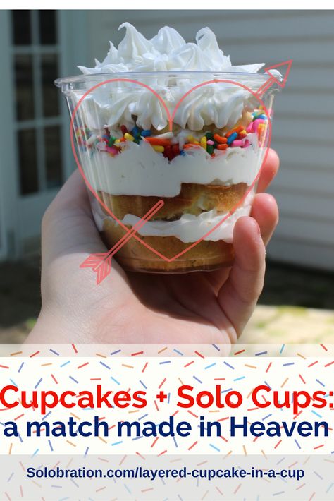 Hungry to impress your guests? This layered cupcake in a SOLO Cup will wow them. Cupcake In Plastic Cup, 5 Oz Dessert Cups, Cupcake Parfait Cups, Cupcakes In A Cup Ideas, Cake In A Cup Packaging Ideas, Cupcakes In Jars, Diy Cake Cups, Cake In A Cup For Bake Sale, Chocolate Cake Cups Layered