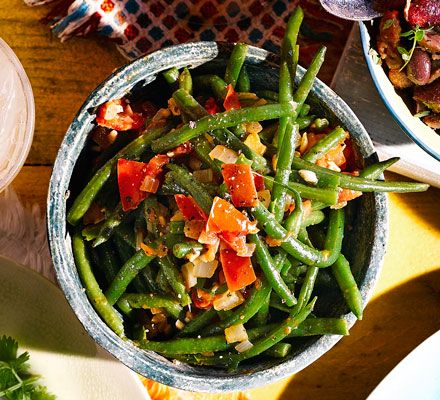 Shivi Ramoutar shares this simple, speedy side dish of green beans, onions and ripe tomatoes, which is found across the Caribbean Green Beans Recipe, Green Beans And Tomatoes, Bbc Good Food, Small Tomatoes, Rum Punch, Garlic Mashed, Beans Recipe, Green Bean Recipes, Bbc Good Food Recipes