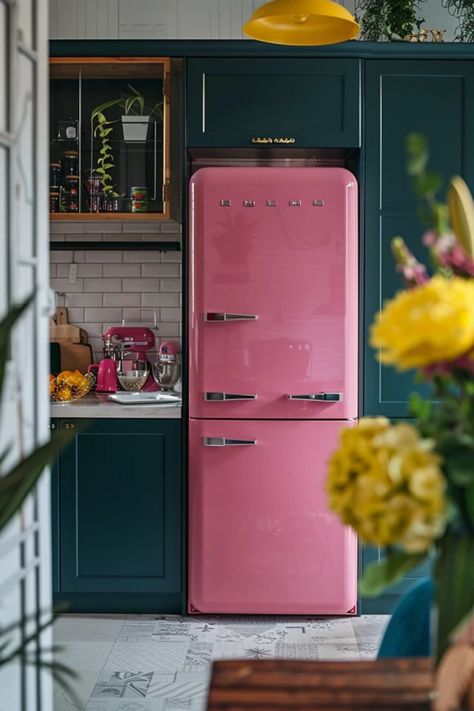 Looking for fun and creative refrigerator cabinet ideas to spice up your kitchen? Check out these innovative solutions designed to enhance your storage space while adding a stylish touch to any kitchen layout. Whether you're aiming for a modern look or want to incorporate rustic charm, there are cabinet ideas to suit every flavor. Say goodbye to clutter and make your kitchen dreams come true with well-organized freezer spaces and chic designs that impress your guests. Perfect for small kitchens too! Colorful Fridge Kitchen, Fridge For Small Kitchen, Colorful Appliances In Kitchen, Colored Appliances In Kitchen, Small Fridge Kitchen, Two Refrigerators In Kitchen, Refrigerator Cabinet Ideas, Colorful Refrigerator, Organized Freezer