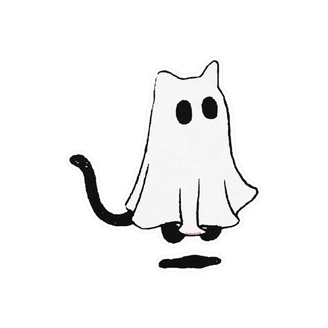 "Halloween Retro 60's Cat Ghost Sticker #1 We love Halloween, and we love stickers. These Halloween stickers will help you decorate your notebooks and binders. We have a wide selection, so you can find the perfect stickers for your room!  Hellbent Media is a proud veteran-owned and operated small business. Each purchase supports our film projects, so Thank You. Made with high quality white vinyl, these kiss-cut decals deliver great looks that are water, scratch, and UV-resistant. With a removable adhesive that doesn't leave residue, each piece features a 1/8\" kiss-cut border around the sticker and a satin finish. Choose between four sizes 3\"x 4\", 4\"x 6\", 6\"x 8\", 8\"x 10\" Material: white vinyl with a satin finish 1/8\" (3.2mm) white kiss-cut border around the sticker Water, scratch Halloween Prints Black And White, Ghost Kitty Drawing, Black Cat Ghost Tattoo, Cat From Coraline Drawing, Black Cat Halloween Illustration, Ghost Holding Cat Tattoo, Vintage Halloween Drawings, Cute Goth Stickers, Ghost Cat Painting