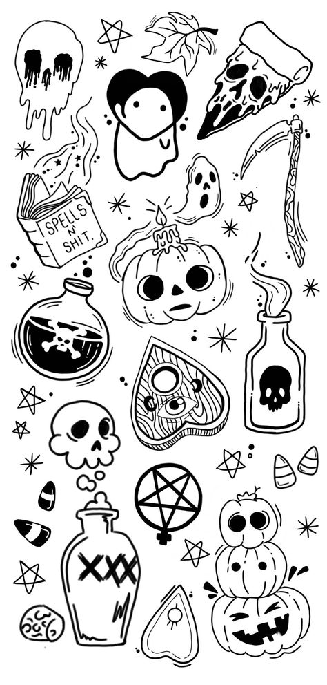 Spooky Sticker Tattoos, Simple Tattoos Halloween, Small Simple Goth Tattoos, Halloween Tattoo Flash Art Simple, Small Gothic Flash Tattoos, Simple Halloween Drawings Aesthetic, Horror Flash Tattoo Sheet, Spooky Flash Art, Flash Art Tattoo Ideas Simple