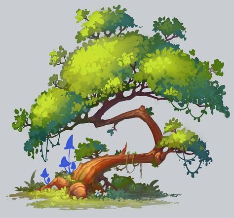 Stylized Tree Drawing, 2d Tree Design, Stylized Tree Concept Art, Fantasy Tree Concept Art, Plant Art Reference, Tree Art Reference, Foliage Concept Art, Trees Concept Art, Tree Drawing Reference