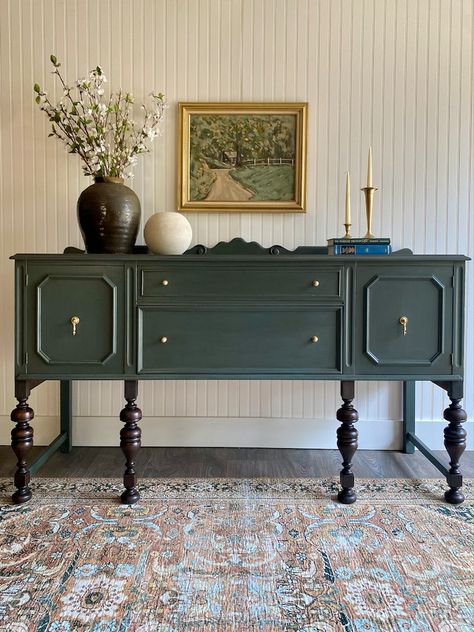 SOLD Jacobean Buffet, Antique Victorian Buffet, Entryway Console, Traditional Sideboard, Transitional Credenza, Dresser - Etsy Dining Room With Wallpaper, Credenza Entryway, Antique Credenza, Victorian Buffet, Buffet Entryway, Gray Sideboard, Refinished Buffet, Jacobean Buffet, Traditional Sideboard