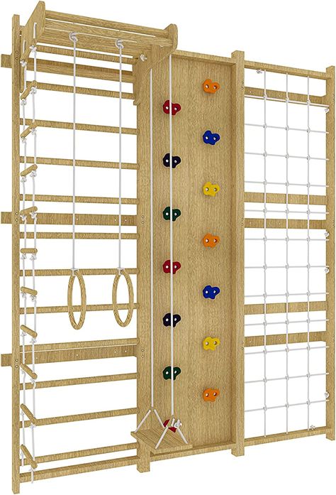 Elevate your child's active play with our versatile 9-in-1 Swedish Ladder Wall Gym and Climber. This engaging piece of equipment is a powerhouse of nine different activity stations and exercises designed to boost strength, coordination, balance, flexibility and overall physical development through climbing and more. This gym and climber also fosters cognitive skills and problem-solving, thereby enhancing motor planning and concentration. Activities include: Trapeze Swing Rope Ladder Rock Wall Ro Rope Climbing Wall For Kids, Sensory Playroom, Wall Gym, Swedish Ladder, Crossfit Equipment, Ladder Bar, Wooden Play Food, Motor Planning, Pikler Triangle