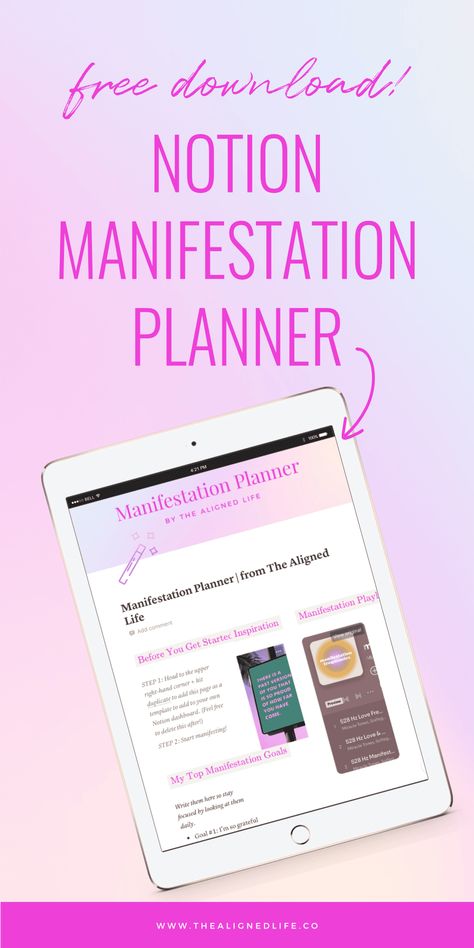 Ready to start manifesting money, love and CONFIDENCE? Give yourself a head start with our FREE digital Notion Manifestation Planner. Contains habit tracker, Manifestation Goal Planner, Manifestation Music, Manifestation Vision Board + Much more! | thealignedlife.co | free download, notion template Notion Manifestation, Music Manifestation, Manifestation Music, Manifestation Vision Board, Manifestation Planner, Start Manifesting, Manifest Love, Goal Planner, Neville Goddard