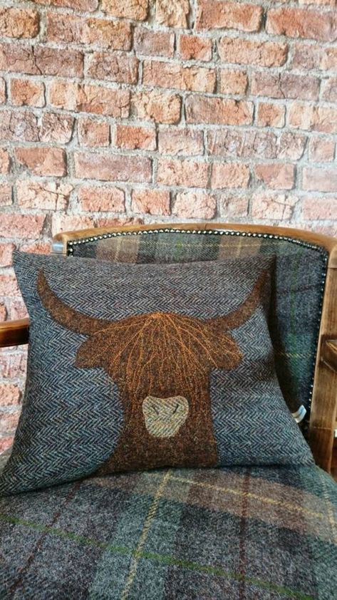 Hand Crafted Harris Tweed Highland Cow Embroidered Cushion | Etsy Arizona Bedroom, Gate Lodge, Cow Applique, Harris Tweed Fabric, Applique Cushions, Sewing Cushions, Burns Night, Fabric Diy, Penny Rugs