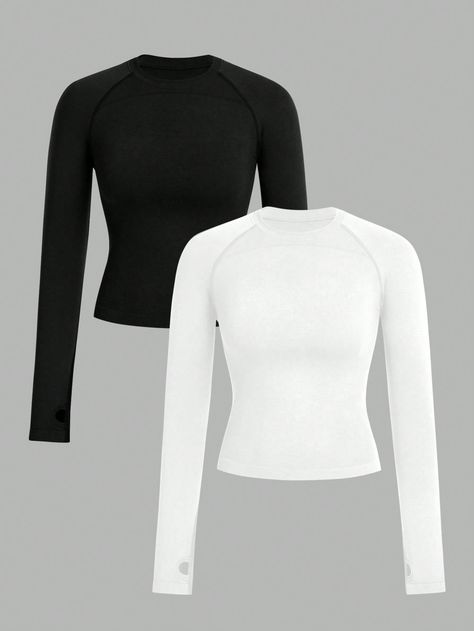 SHEIN Sport Studio Women's Solid Color Round Neck Inserted Sleeve Long Sleeve Sports T-Shirt/Seamless/Thumb HoleI discovered amazing products on SHEIN.com, come check them out! Rarity Costume, Shirt With Holes, Volleyball Shirt, Boys Denim, Slim Fit Top, Sports T Shirt, White Long Sleeve Shirt, Sport T-shirts, Outdoor Woman