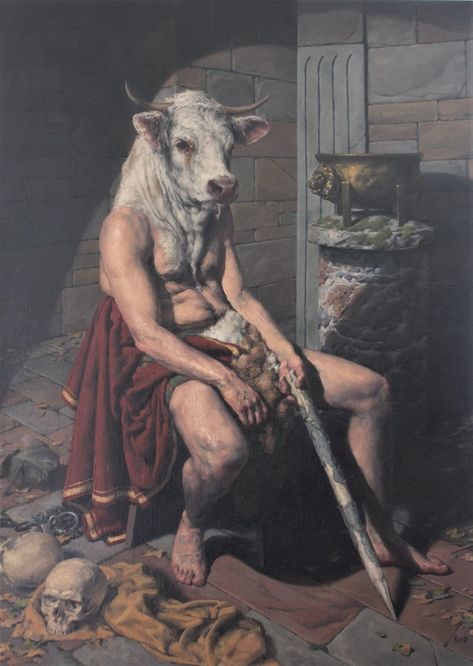 Pintura de un minotauro sentado con una lanza en la mano izquierda Horrifying Monsters, Knossos Palace, The Minotaur, Art Noir, Rennaissance Art, Greek And Roman Mythology, 다크 판타지, Art Japonais, Art Et Illustration