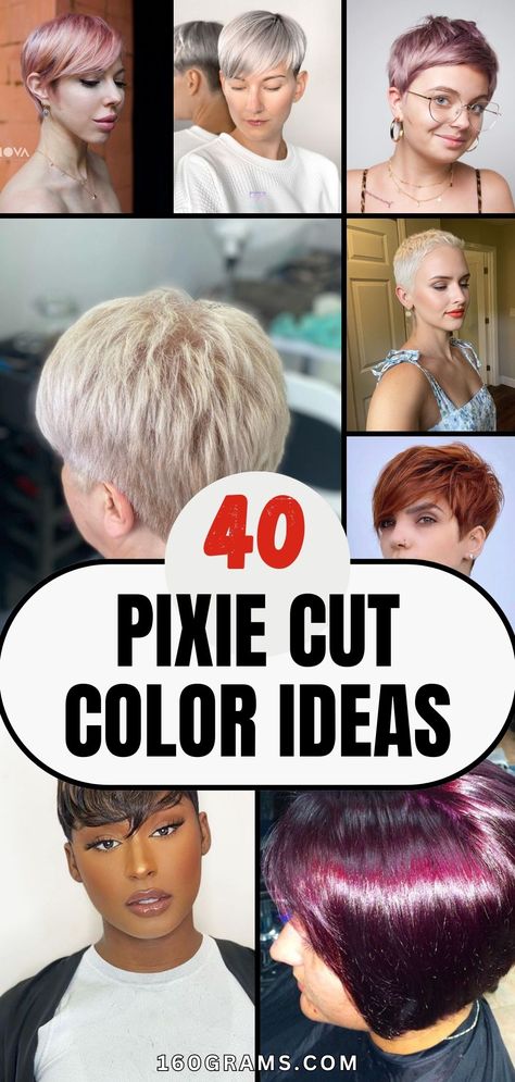 Save this pin for the most striking and diverse range of pixie hair shades to elevate your style game! Discover how these vibrant colors can bring out your bold personality and spark your creativity. #PixieHair #BoldStyle #HairColorInspo Coloured Pixie Hair, Dark Hair Dye Color Ideas, Short Brown Hair With Highlights Pixie, Rose Gold Pixie Hair, Short Purple Hair Pixie, Pixie Haircolor Ideas, Purple Pixie Haircut, Colored Pixie Hair Black Women, Pixie Cut Color Ideas